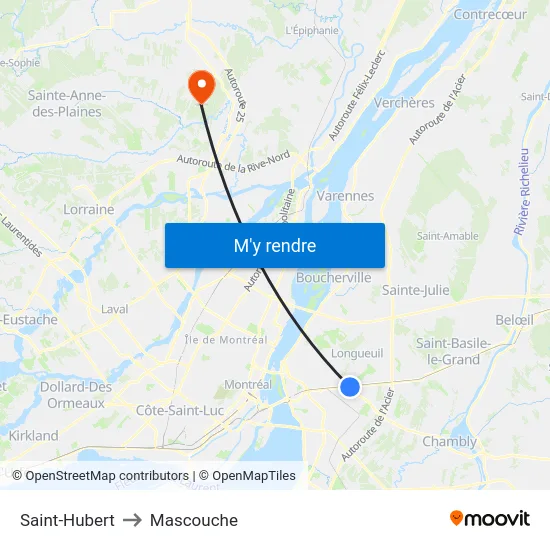 Saint-Hubert to Mascouche map