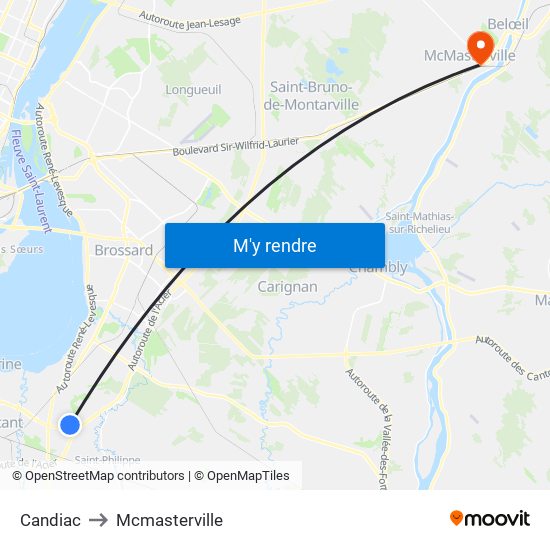Candiac to Mcmasterville map