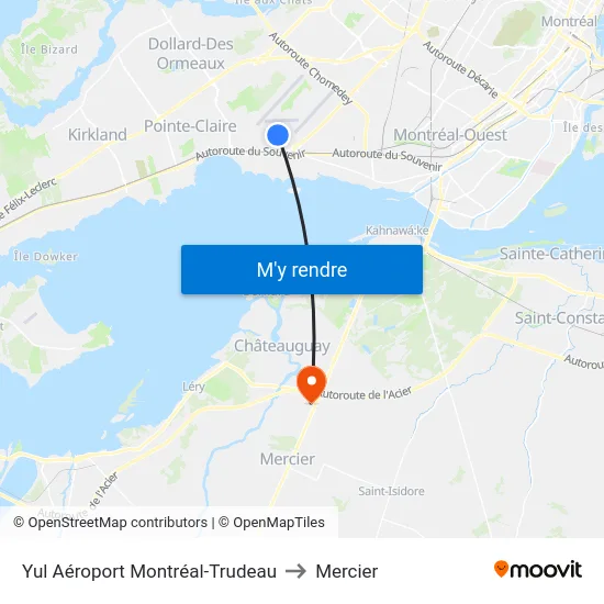 Yul Aéroport Montréal-Trudeau to Mercier map