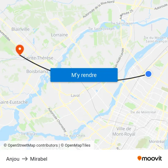 Anjou to Mirabel map