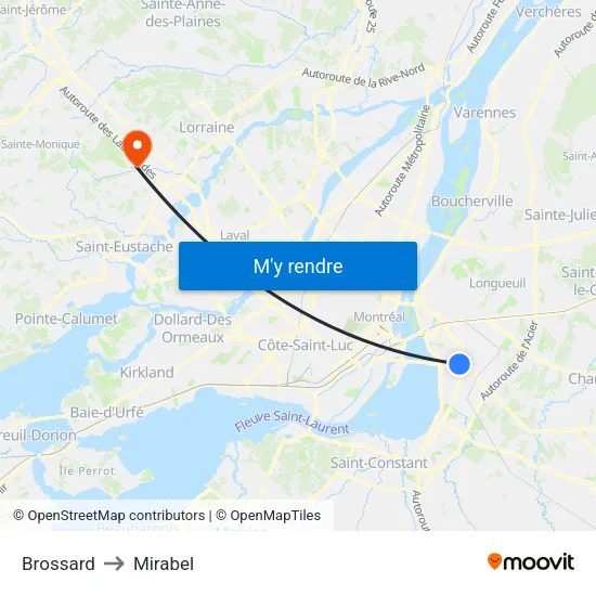 Brossard to Mirabel map