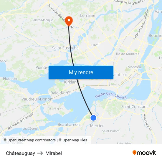 Châteauguay to Mirabel map