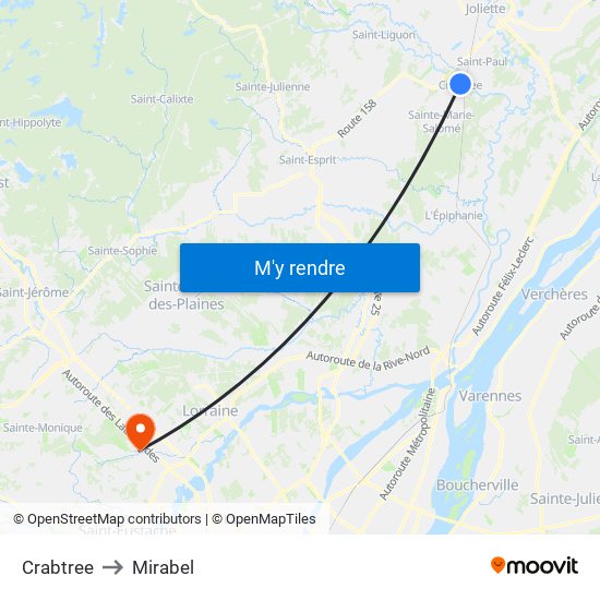 Crabtree to Mirabel map