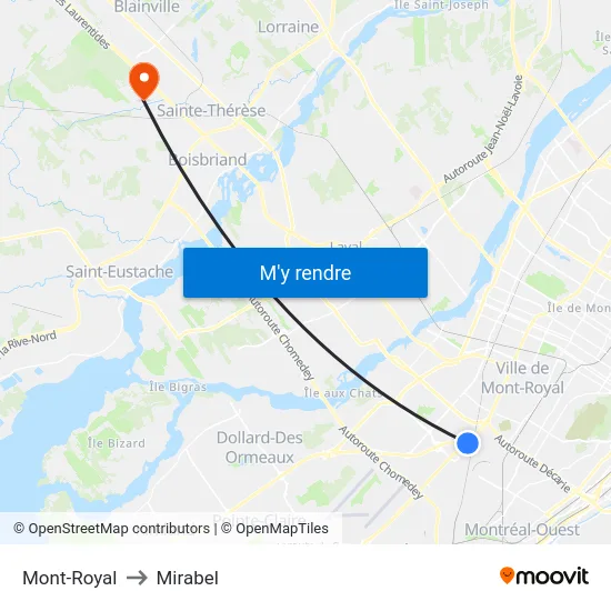 Mont-Royal to Mirabel map