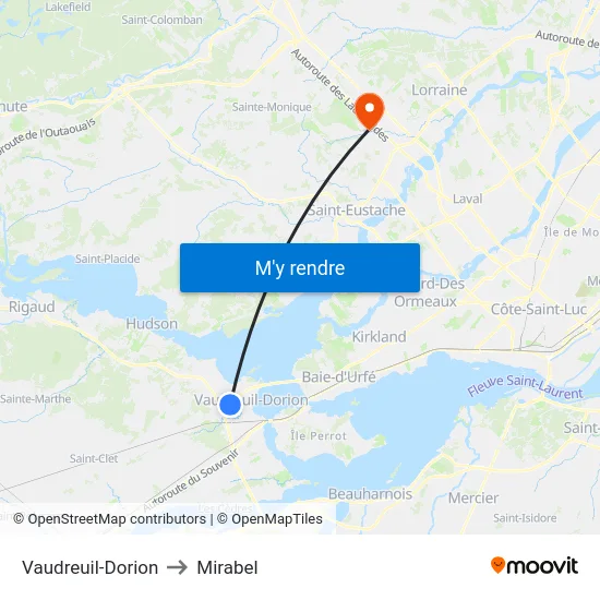Vaudreuil-Dorion to Mirabel map