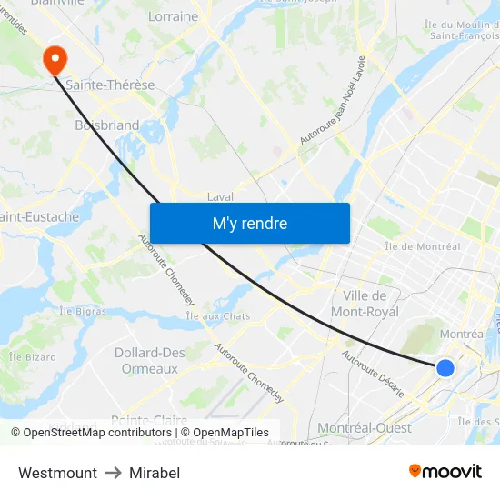 Westmount to Mirabel map