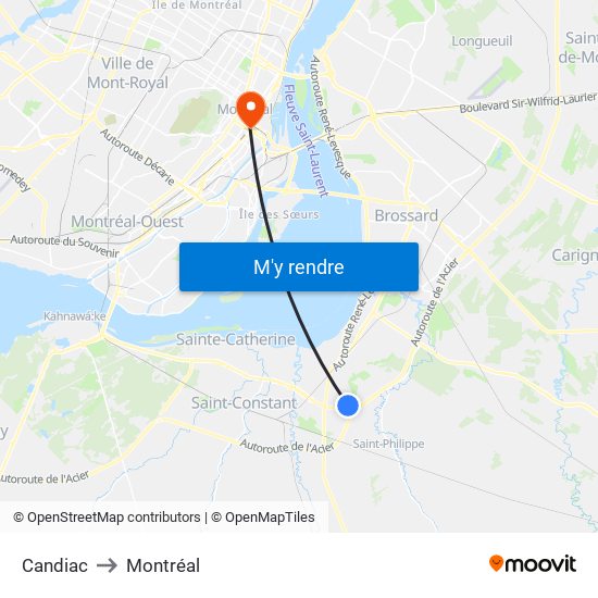 Candiac to Montréal map