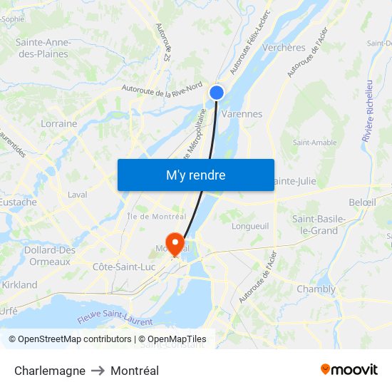 Charlemagne to Montréal map