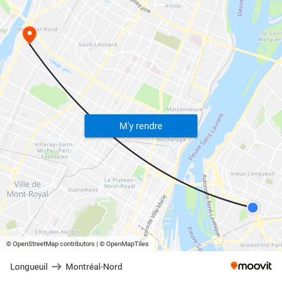 Longueuil to Montréal-Nord map