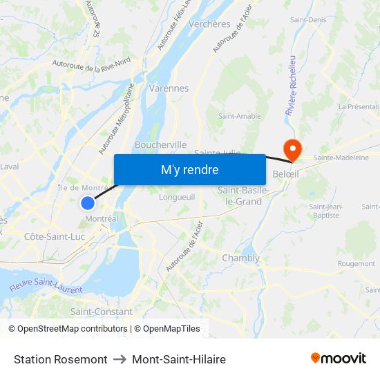 Station Rosemont to Mont-Saint-Hilaire map