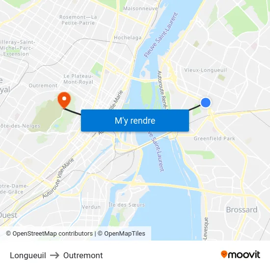 Longueuil to Outremont map