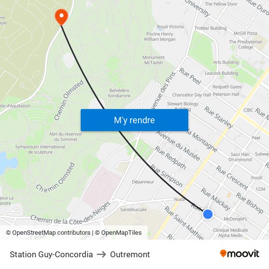 Station Guy-Concordia to Outremont map