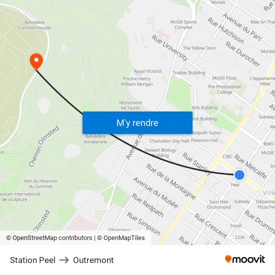 Station Peel to Outremont map