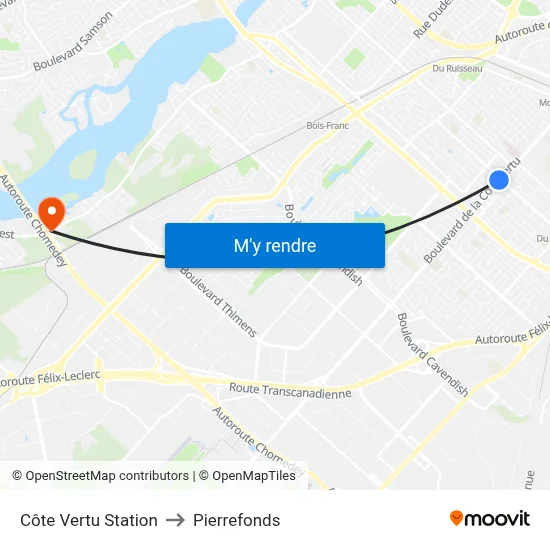 Côte Vertu Station to Pierrefonds map