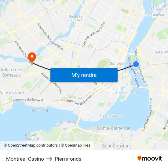 Montreal Casino to Pierrefonds map