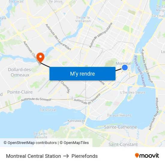 Montreal Central Station to Pierrefonds map