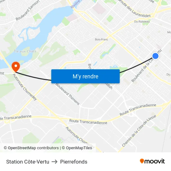 Station Côte-Vertu to Pierrefonds map