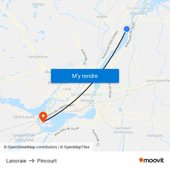 Lanoraie to Pincourt map