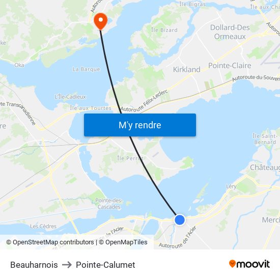 Beauharnois to Pointe-Calumet map
