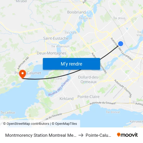 Montmorency Station Montreal Metro to Pointe-Calumet map