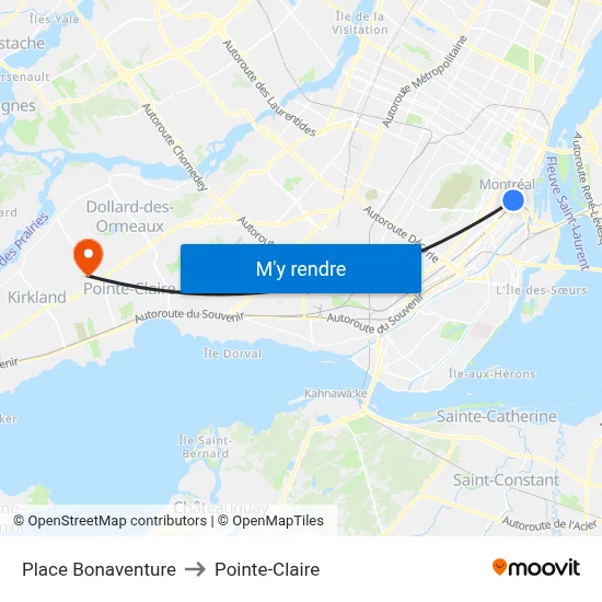 Place Bonaventure to Pointe-Claire map