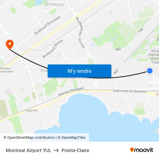 Montreal Airport YUL to Pointe-Claire map