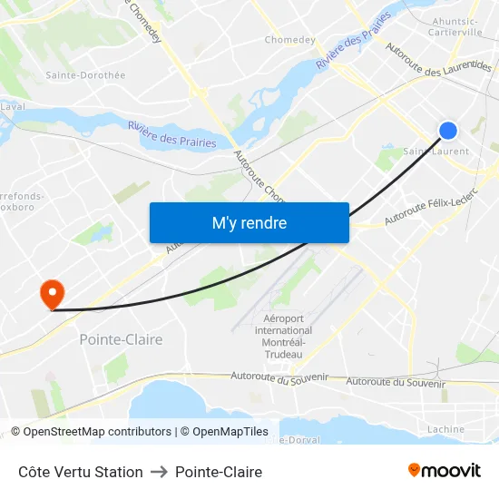 Côte Vertu Station to Pointe-Claire map
