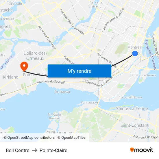 Bell Centre to Pointe-Claire map