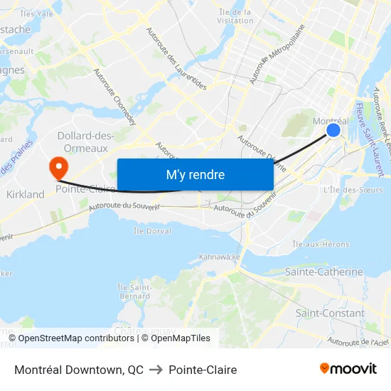 Montréal Downtown, QC to Pointe-Claire map