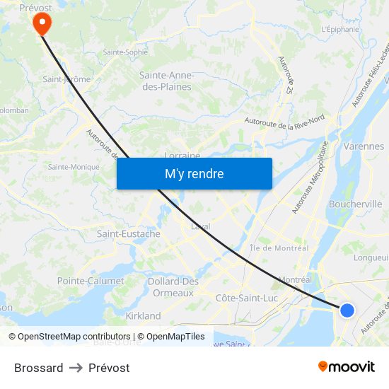 Brossard to Prévost map