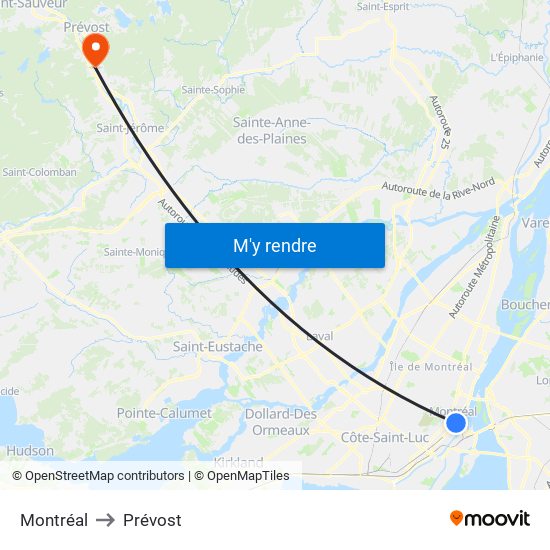 Montréal to Prévost map