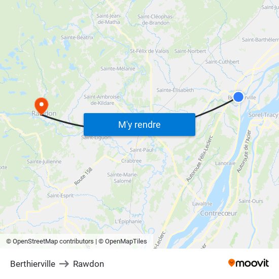 Berthierville to Rawdon map