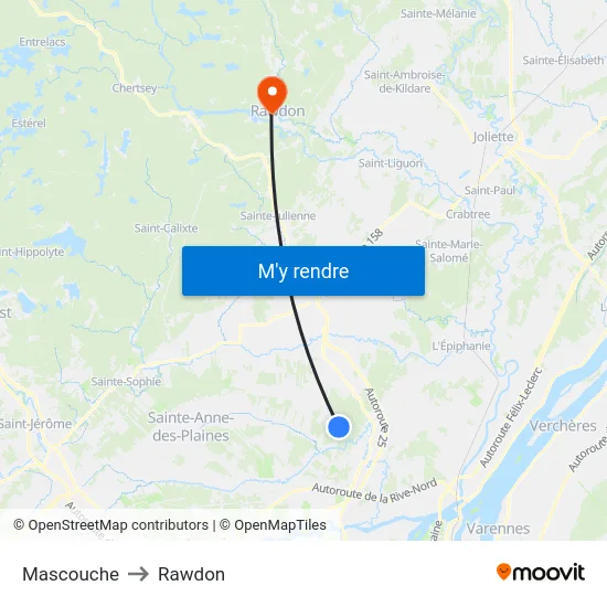 Mascouche to Rawdon map