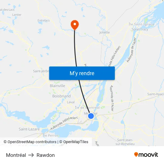 Montréal to Rawdon map