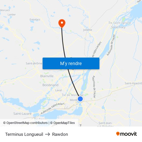 Terminus Longueuil to Rawdon map