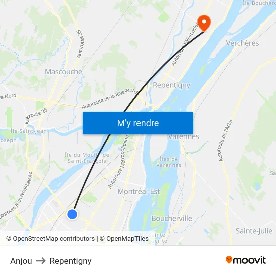 Anjou to Repentigny map