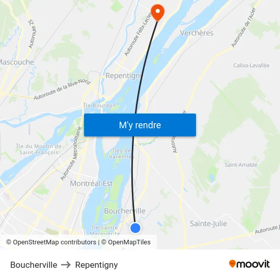 Boucherville to Repentigny map