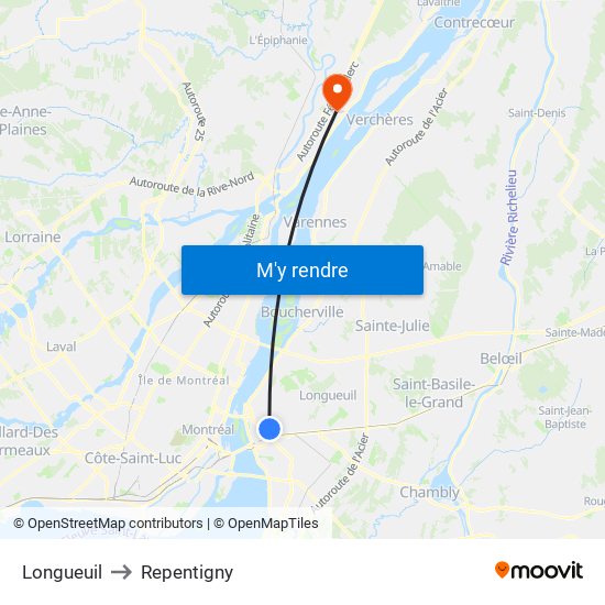Longueuil to Repentigny map