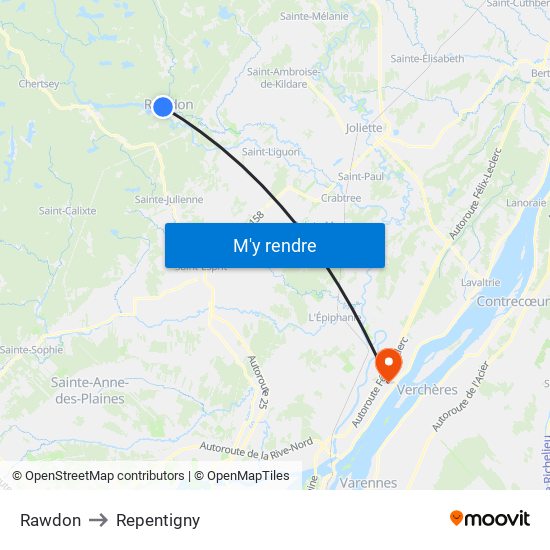 Rawdon to Repentigny map