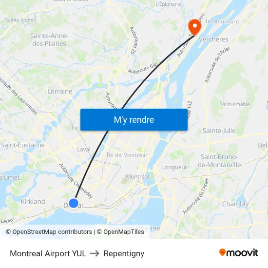 Montreal Airport YUL to Repentigny map