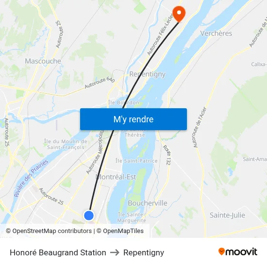 Honoré Beaugrand Station to Repentigny map