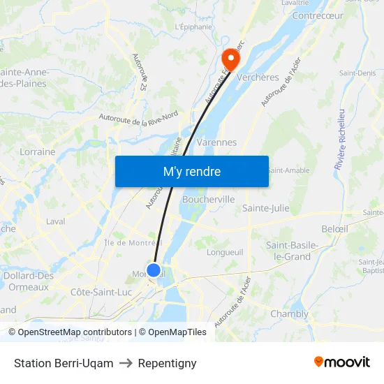 Station Berri-Uqam to Repentigny map