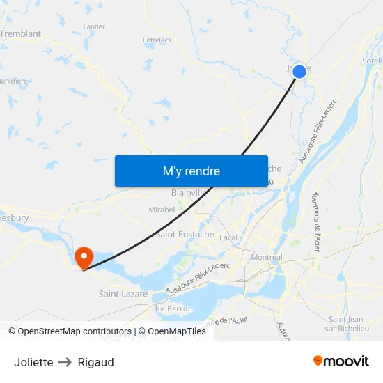 Joliette to Rigaud map