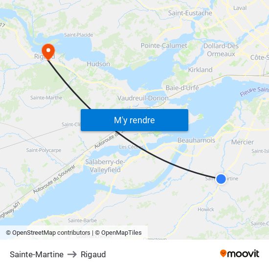 Sainte-Martine to Rigaud map