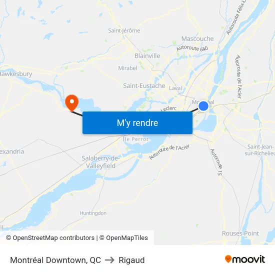 Montréal Downtown, QC to Rigaud map