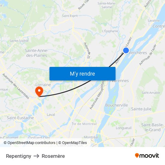 Repentigny to Rosemère map