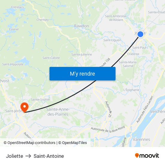 Joliette to Saint-Antoine map