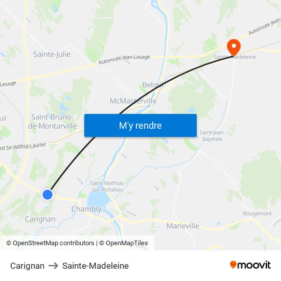 Carignan to Sainte-Madeleine map