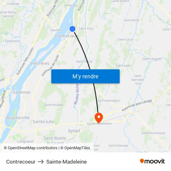 Contrecoeur to Sainte-Madeleine map