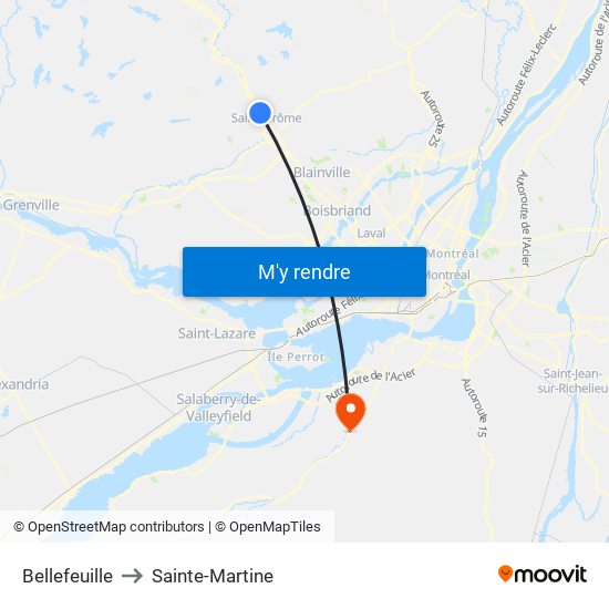 Bellefeuille to Sainte-Martine map